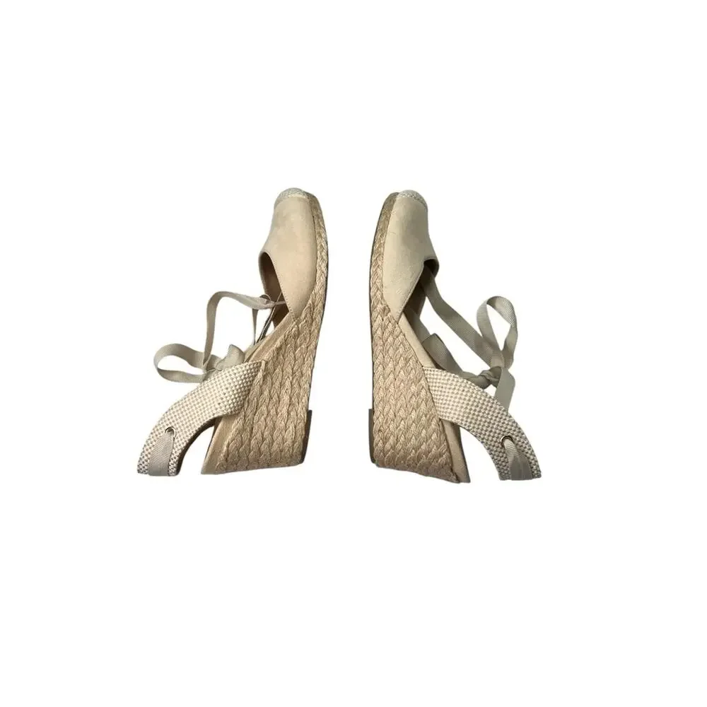 Vionic Espadrille Wedges 8.5 Womens Maris Cream Suede Closed Toe Ankle Wrap Boho